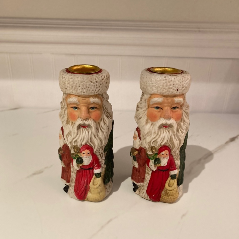 Vintage Bronco Old World Sant Candlestick Holders Pair Set of 2 Christmas Decor